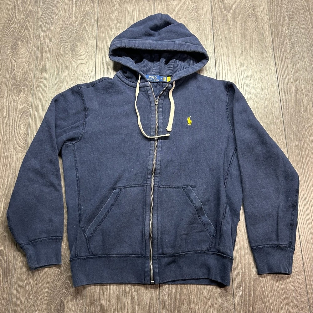 Polo Ralph Lauren Mens Navy Blue Medium Full Zip Hoodie Yellow Pony Logo Prep